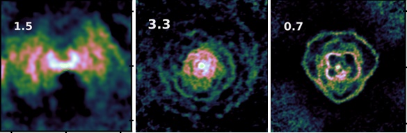 圖1. 從左至右， p1 Gru星， W Aql星和R Aql星。這是在智利阿塔卡馬沙漠運用ALMA望遠鏡觀測所得。圖像由曼徹斯特大學Jodrell Bank天體物理學中心的ALMA研究中心合成。
 